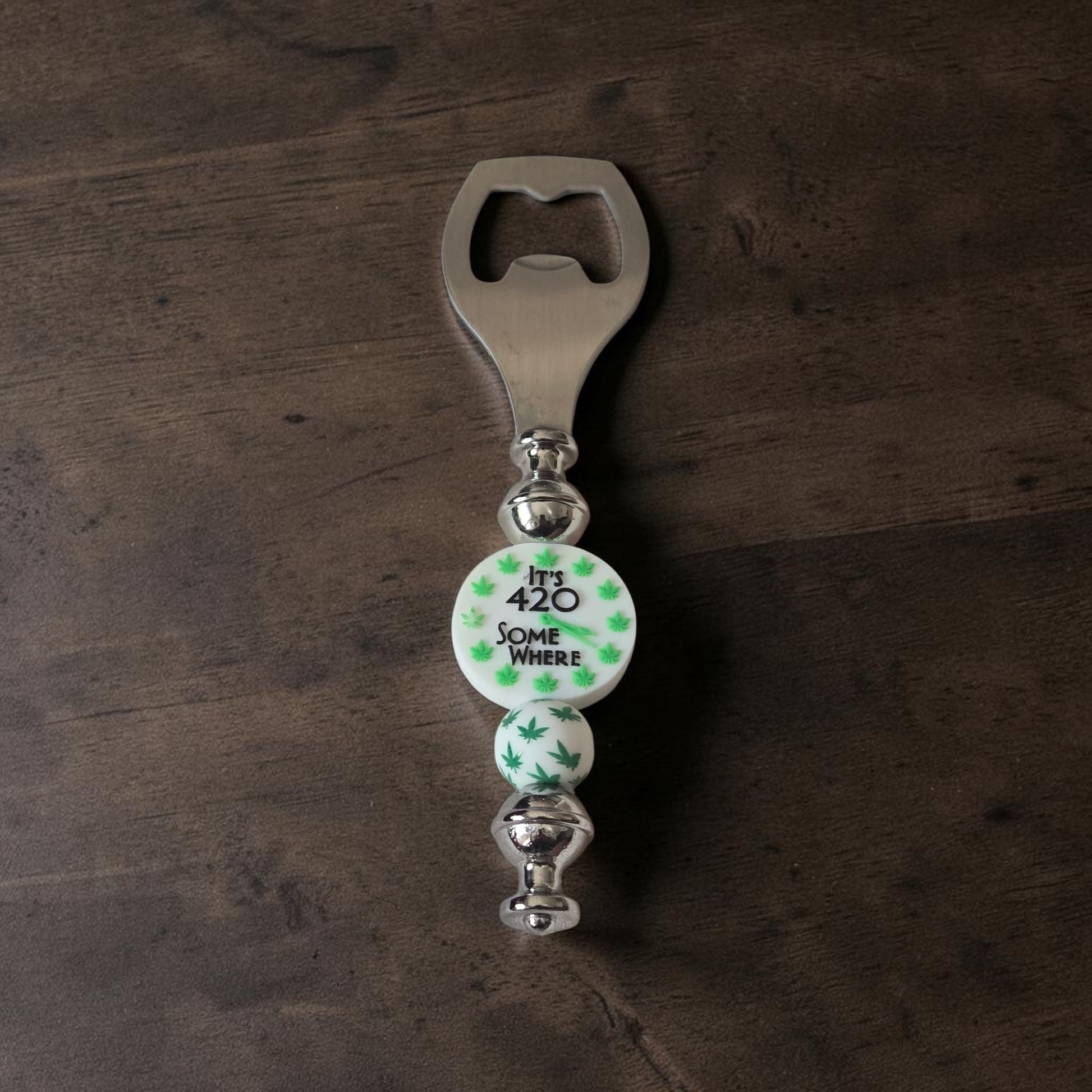 Cannabis 420 inspired handmade beer bottle opener with metal opener and focal bead that says "It's4:20 some where.", novelty bar accessory by Divalicious Designs in Mississauga