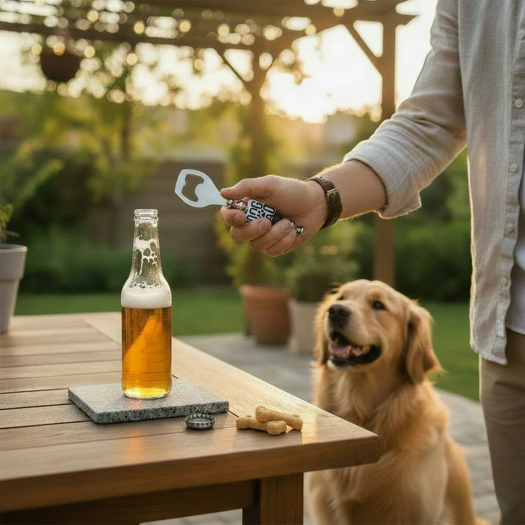 Person opening a beer bottle with a dog sitting on a wooden table outdoors. The beer bottle opener says Dog Dad