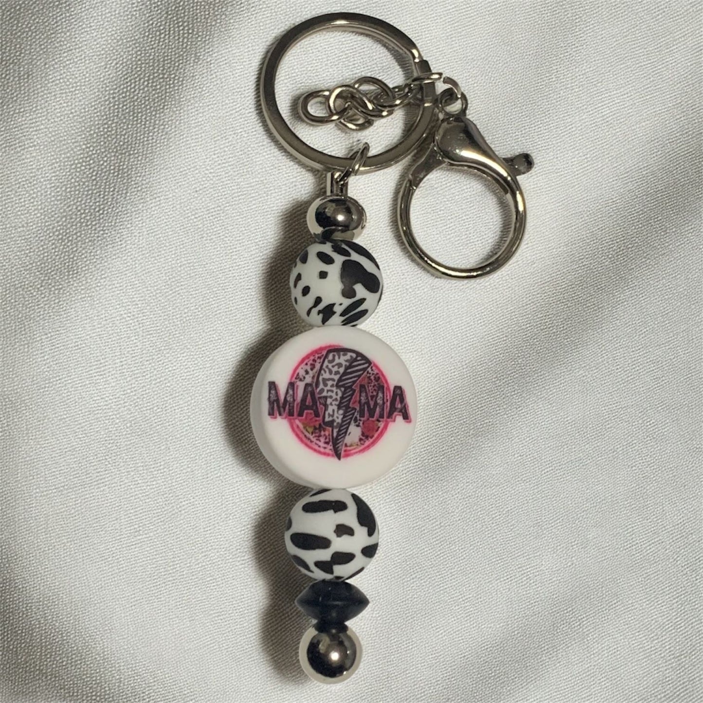 Lightning Mama Silicone Beaded Keychain displayed on a white surface.