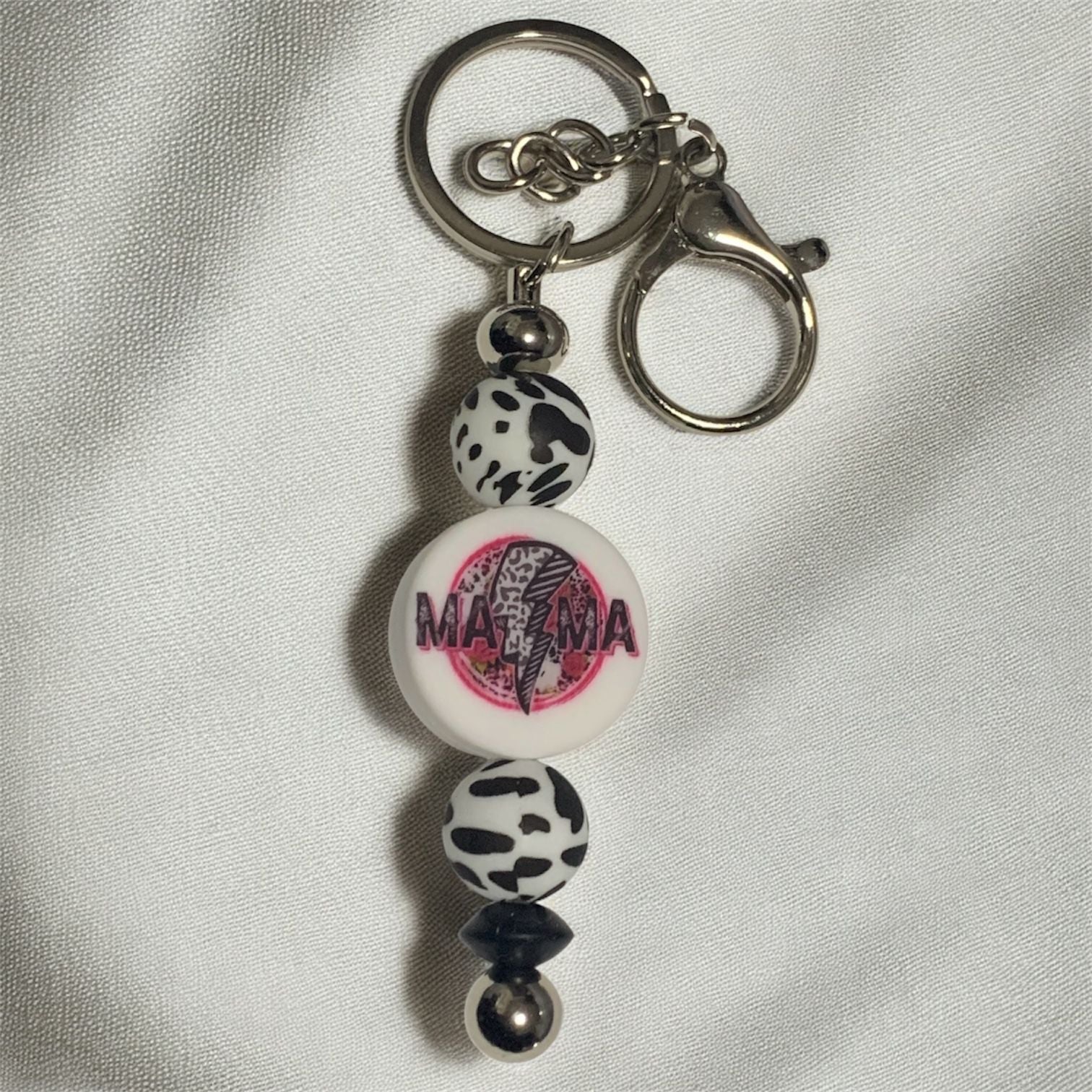 Lightning Mama Silicone Beaded Keychain displayed on a white surface.
