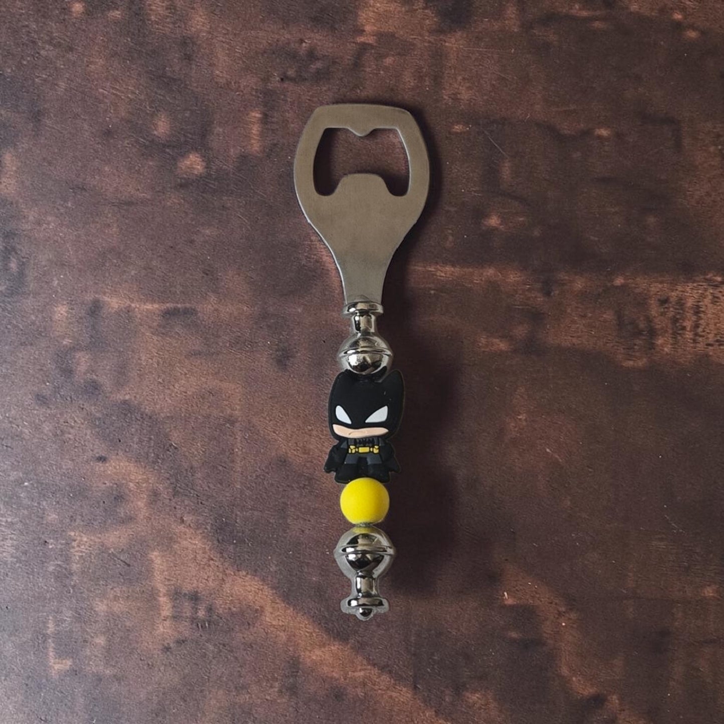 Batman DC superhero character handmade beer bottle opener with metal opener and decorative beads, novelty bar accessory by Divalicious Designs in Mississauga. 