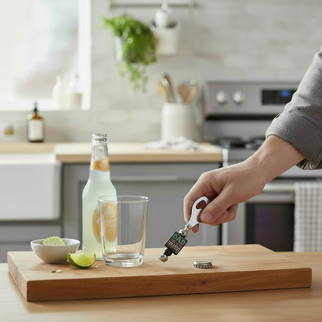 Person using a Divalicious Designs novelty bottle opener on a kitchen counter with a glass and lime.